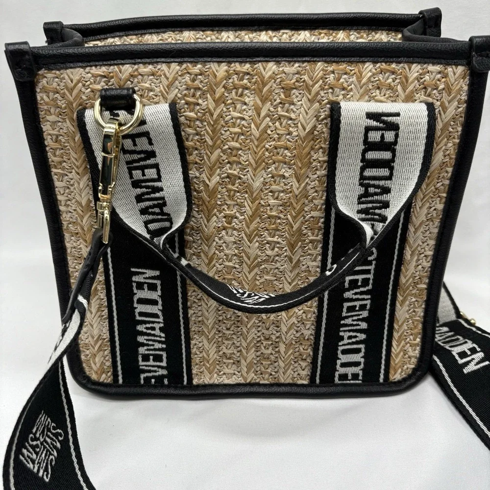 Steve Madden Womens Black Bwebber Straw Satchel Crossbody Purse Bag Earbud Case‎